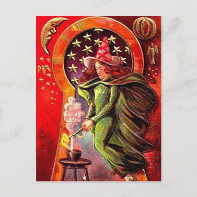 KRW Vintage Halloween Witch Vykort (Framsida)