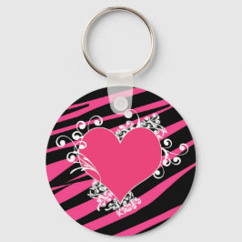 KRW Zebra Heart Swirls Rosa och svart Namn Nyckelr Nyckelring