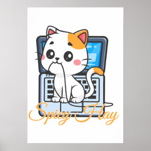 Kryddig hö Rolig katt bitsnöret kabel Kawaii konst Poster