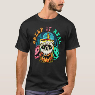 Kryp Det Verkliga  Dödskalle Kuslig Pumpa Hallowee T Shirt