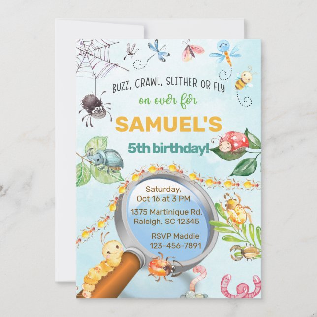 Kryp, insekter födelsedagsinbjudan, buzz crawl. inbjudningar (Framsida)