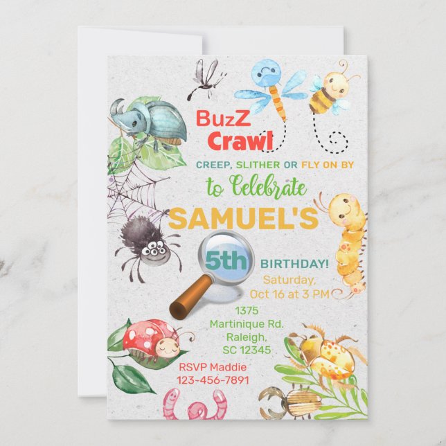 Kryp, insekter födelsedagsinbjudan, buzz crawl. inbjudningar (Framsida)