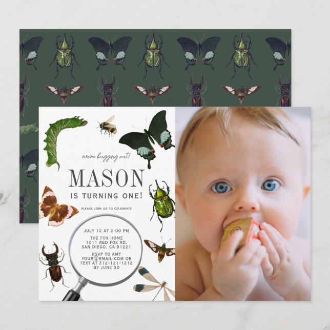Kryp & Insekter Vintage Boy Photo 1st Birthday Inbjudningar (Fram/baksida)
