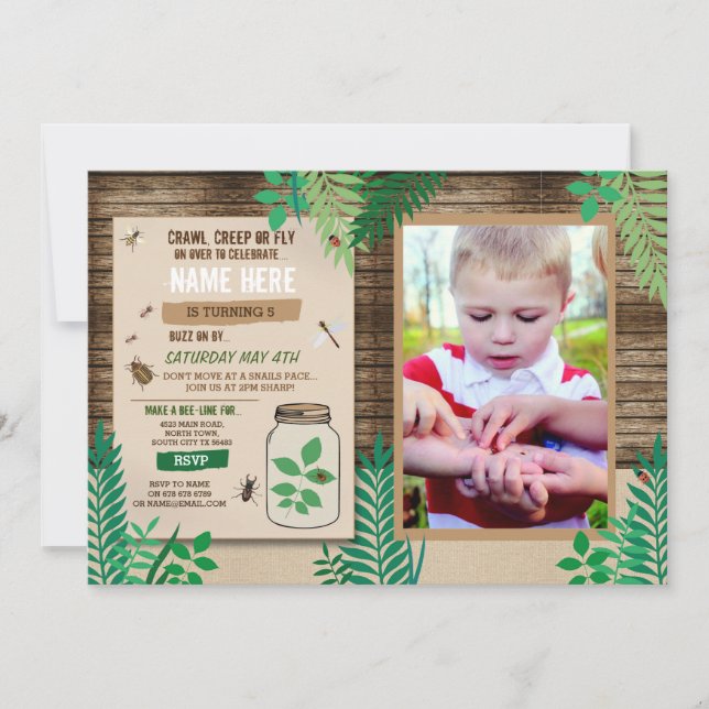 Kryp Skavenger Photo Hunt Wood Party Lövs Löv Inbjudningar (Framsida)