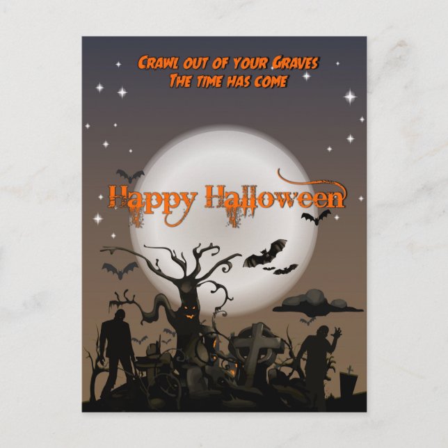 Kryp ut ur era gravar Halloween vykort (Framsida)
