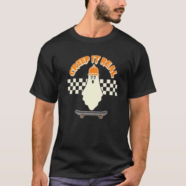 Krypa den riktiga Ghost Skater Boy Skateboard Bean T Shirt (Framsida)
