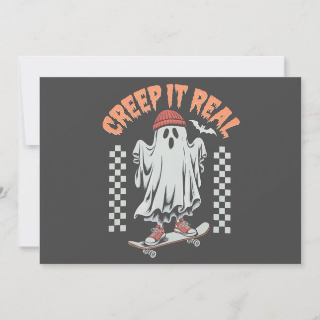 Kryptera den riktiga Retro Halloween Skate Ghost Inbjudningar (Framsida)