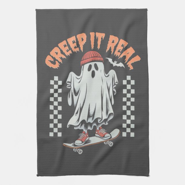 Kryptera den riktiga Retro Halloween Skate Ghost Kökshandduk (Vertikal)