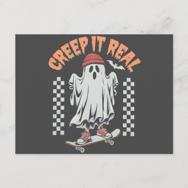 Kryptera den riktiga Retro Halloween Skate Ghost Vykort (Framsida)