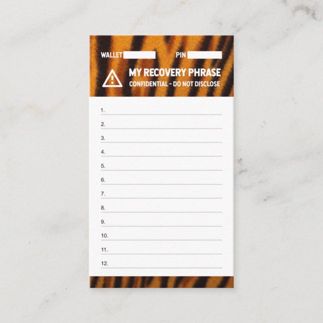 Krypto Wallet Tiger Recovery Seed 12 Visitkort (Framsida)