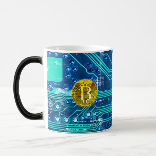 Kryptocurrency Bitcoin och Circuit Board Magisk Mugg (Vänster)