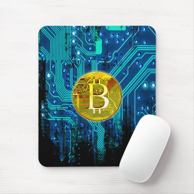 Kryptocurrency Bitcoin och Circuit Board Musmatta (Med mus)