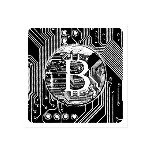 Kryptocurrency Bitcoin och Circuit Board Stämpel (Tryck)
