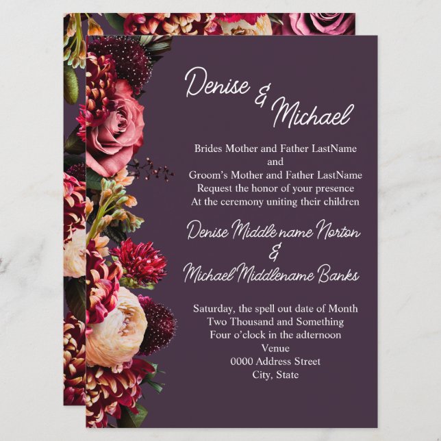 Krysantemum på Midnight Plum Inbjudningar (Fram/baksida)