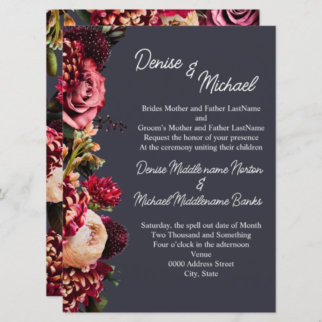 Krysantemum på Polar natt grå Inbjudningar (Fram/baksida)