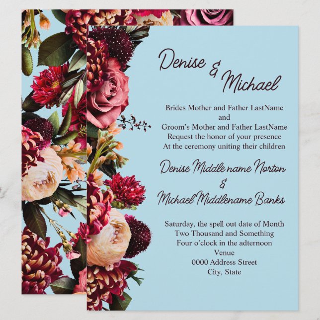 Krysantemum på spunnet socker Blåa Inbjudningar (Fram/baksida)