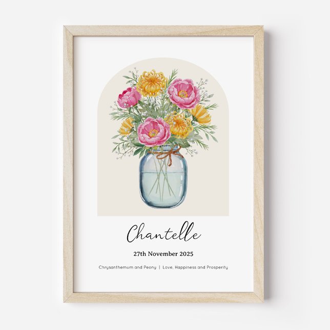 Krysantemum-Peony Födelsemånad Blomma Affisch (Personalised November Birth Month Flower Bouquet in Vase Poster | Chrysanthemum and Peony.)
