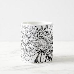 Krysantemum Svart Linjedragning med Ditt Namn Kaffemugg