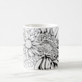 Krysantemum Svart Linjedragning med Ditt Namn Kaffemugg