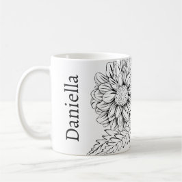 Krysantemum Svart Linjedragning med Ditt Namn Kaffemugg