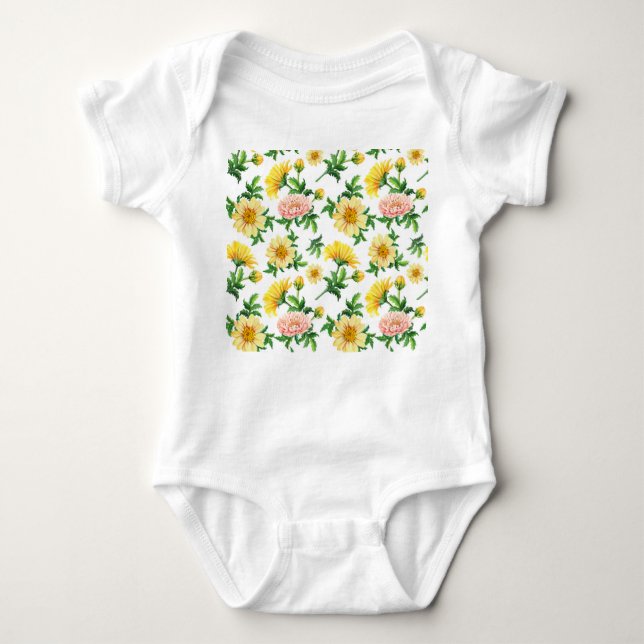 Krysanthemum Vattenfärg: Sömlös Blommigt Design T Shirt (Framsida)