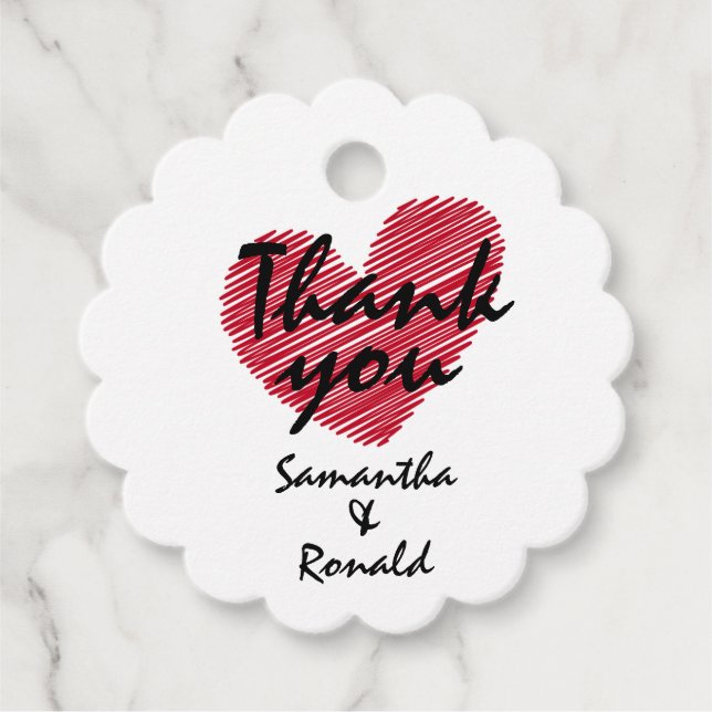 Kryssade röda hjärtan bröllopsetiketter gåvor etiketter (Framsida)