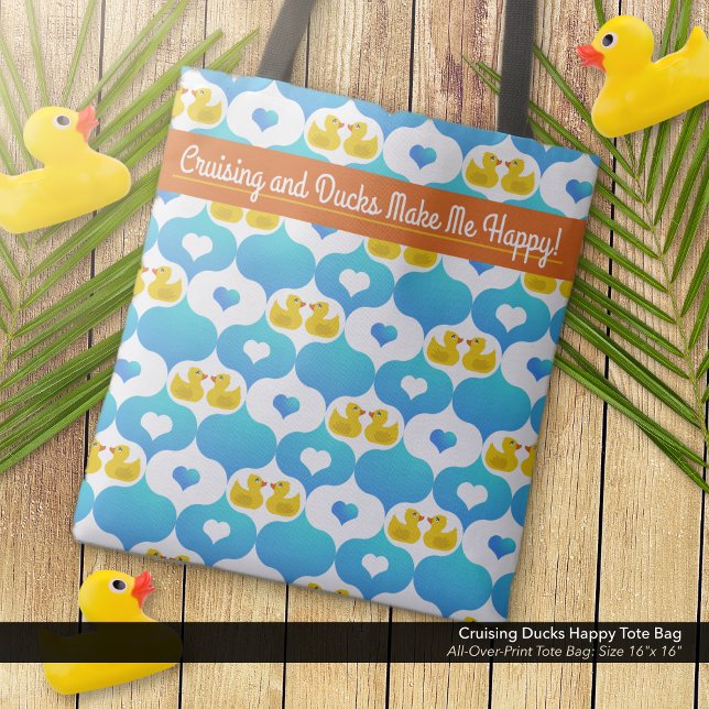 Kryssande Ankor Lycklig Tygkasse ("Cruising and Ducks Make Me Happy" Tote Bag with Yellow Duckies and Hearts Pattern.)