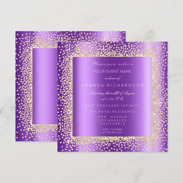 Krystal Champaigne Guld Glitter Konfetti Lila2 Inbjudningar (Fram/baksida)