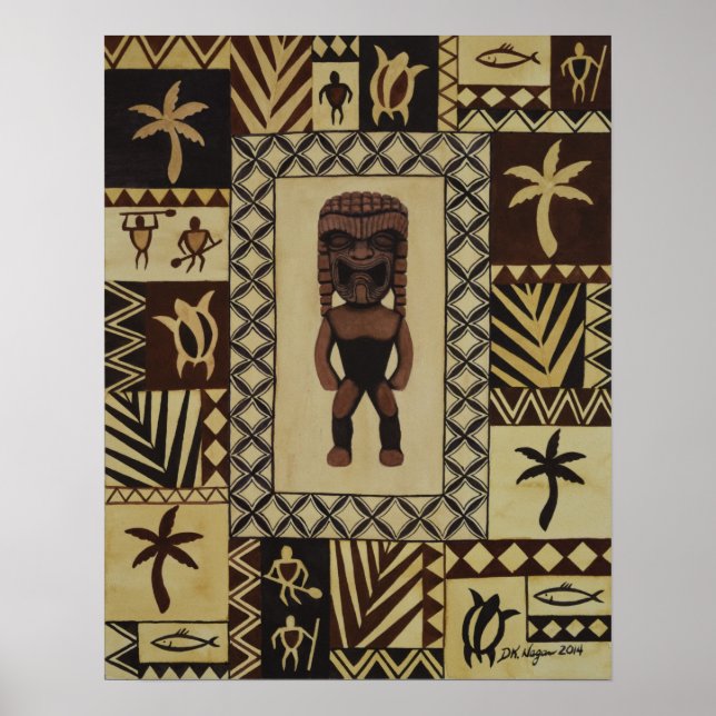 Ku Tiki Hawaiian God Krig Petroglyph Poster (Framsidan)
