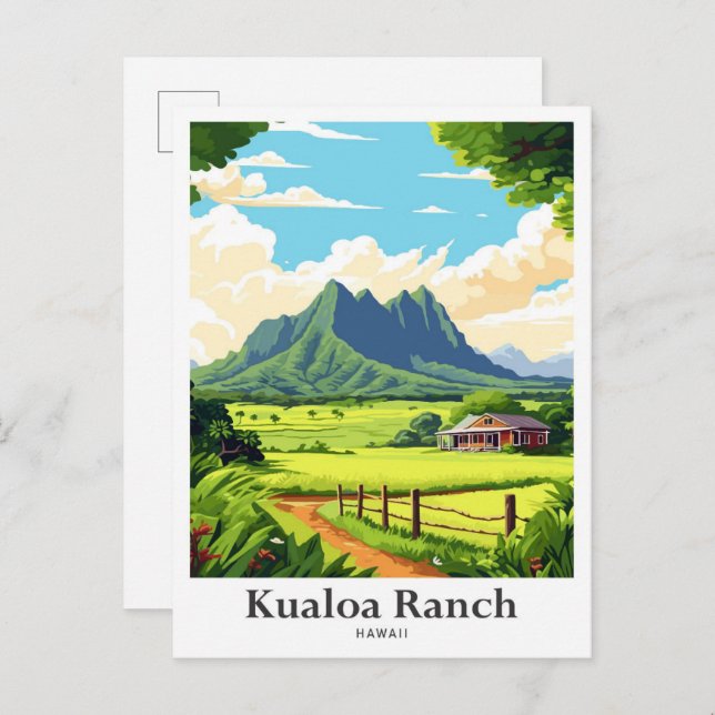 Kualoa Ranch Hawaii Travel Potrait Illustration Vykort (Fram/baksida)