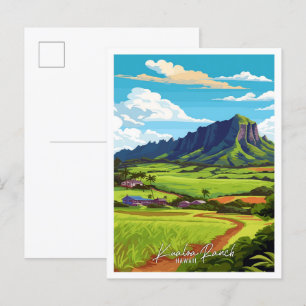 Kualoa Ranch Hawaii vintage resor illustration Vykort