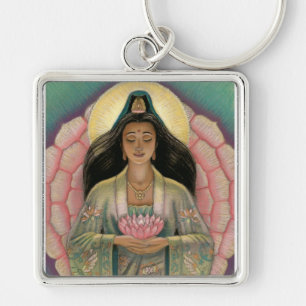 Kuan Yin gudinna av medkänsla Fyrkantig Silverfärgad Nyckelring