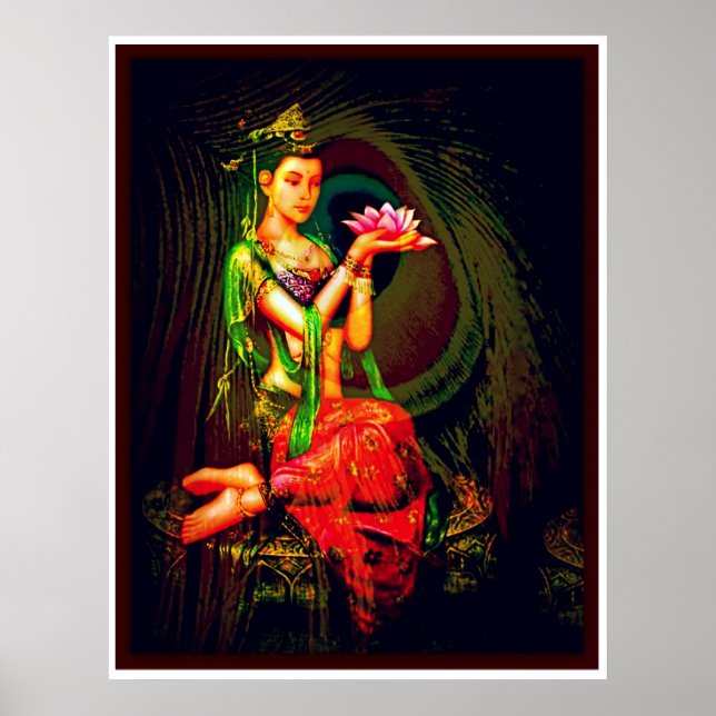 Kuan Yin och Peacock Feather Poster (Framsidan)