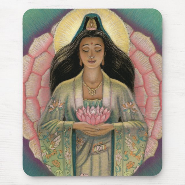Kuan Yin "rosa lotusblommahjärta" Mousepad Musmatta (Framsidan)