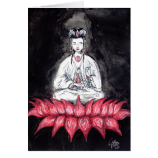 Kuan Yin - som placeras på rött lotusblommakort Hälsningskort