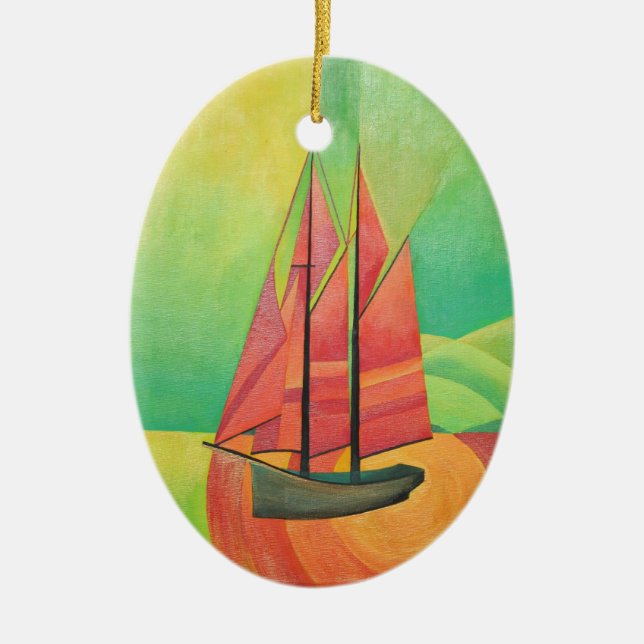 Kuba Abstrakt Sailing Boat Geometric Art Julgransprydnad Keramik (Framsidan)