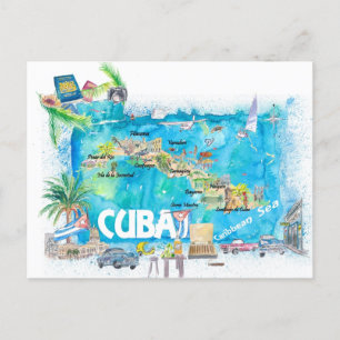 Kuba Antilles Illustrated Travel Karta med vägar Vykort