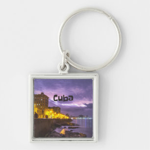 Kuba Havana Shoreline Citylight på natten Fyrkantig Silverfärgad Nyckelring