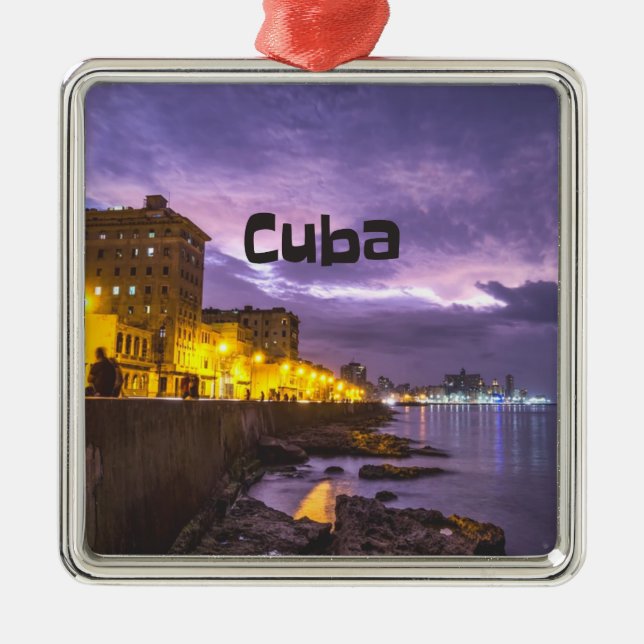 Kuba Havana Shoreline Citylight på natten Julgransprydnad Metall (Framsidan)