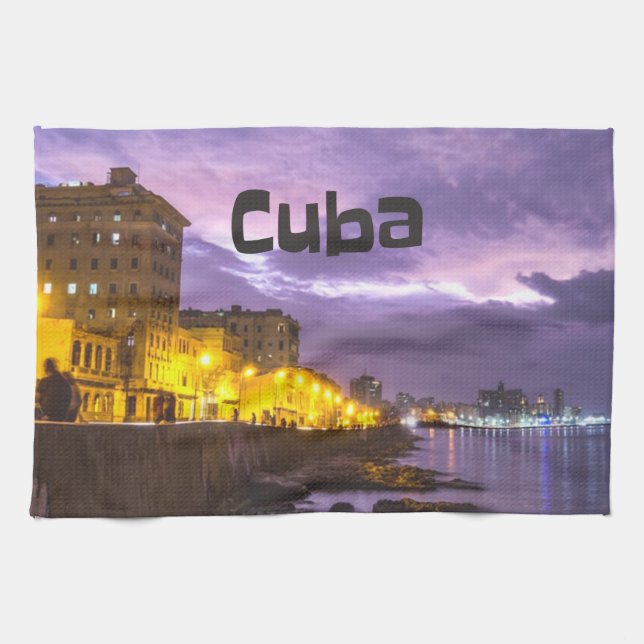 Kuba Havana Shoreline Citylight på natten Kökshandduk (Horisontell)