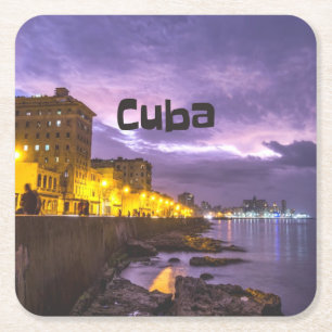 Kuba Havana Shoreline Citylight på natten Underlägg Papper Kvadrat