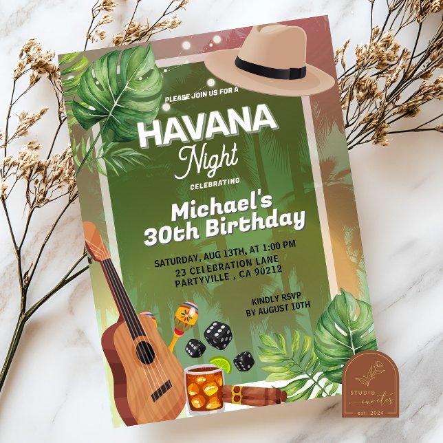 Kuba Havanna Night Man Birthday Inbjudningar (Skapare uppladdad)