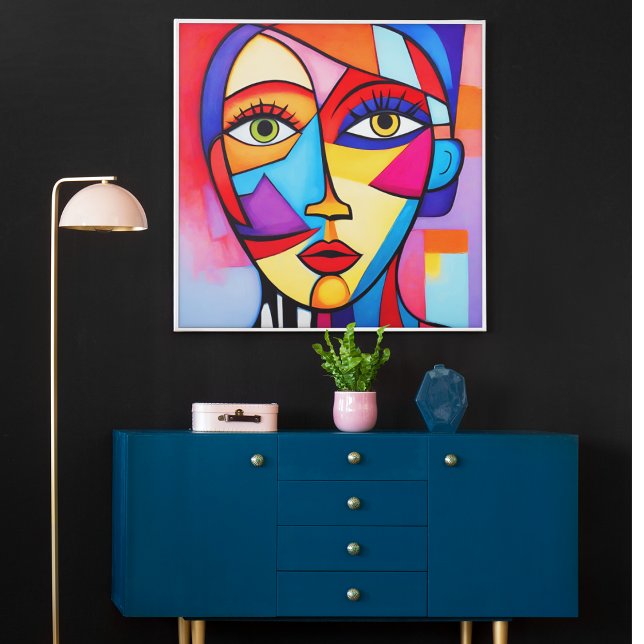 Kuba i Ansikte i Abstrakt Poster (Colorful Cubism Abstract Face Art – Modern Geometric Wall Poster)