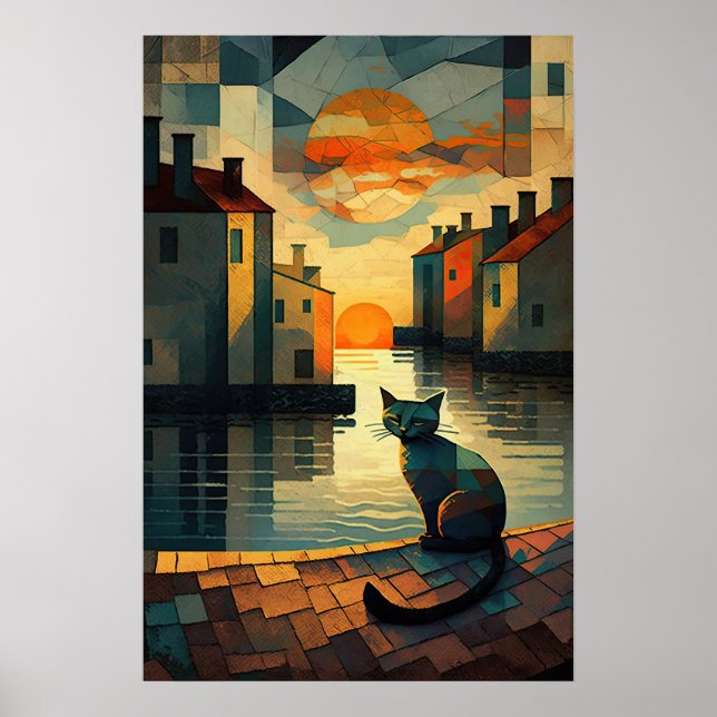 Kuba Katt: Solnedgång på Venetian Vatten Poster (Framsidan)