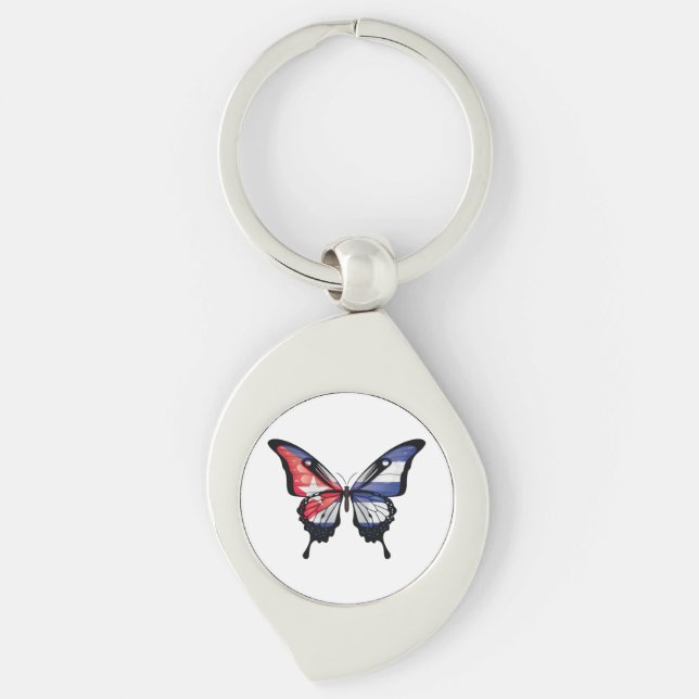 Kuba Swallowtail Butterfly Flagga Sticker Swirl Silverfärgad Nyckelring (Framsidan)