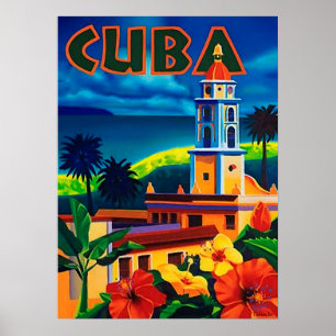 Kuba, tropisk ö, stadstorn, vintage, resa poster