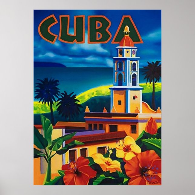 Kuba, tropisk ö, stadstorn, vintage, resa poster (Framsidan)