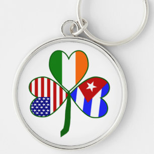 Kubansk irländsk amerikansk flagg Shamrock Rund Silverfärgad Nyckelring