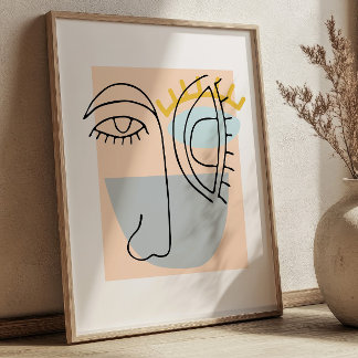 Kubisk Linjekonst Ansiktsillustration Minimalistis Poster