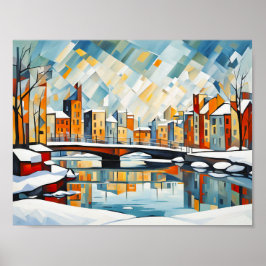 Kubist Snowy City med Canal Bridges Poster